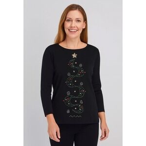 SWEATERWORKS Christmas Tree Beaded Sweater Top Black Crew Embellished Women L
